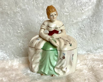 Vintage figural power dish,  Victorian lady powder bowl, vanity figural trinket jar