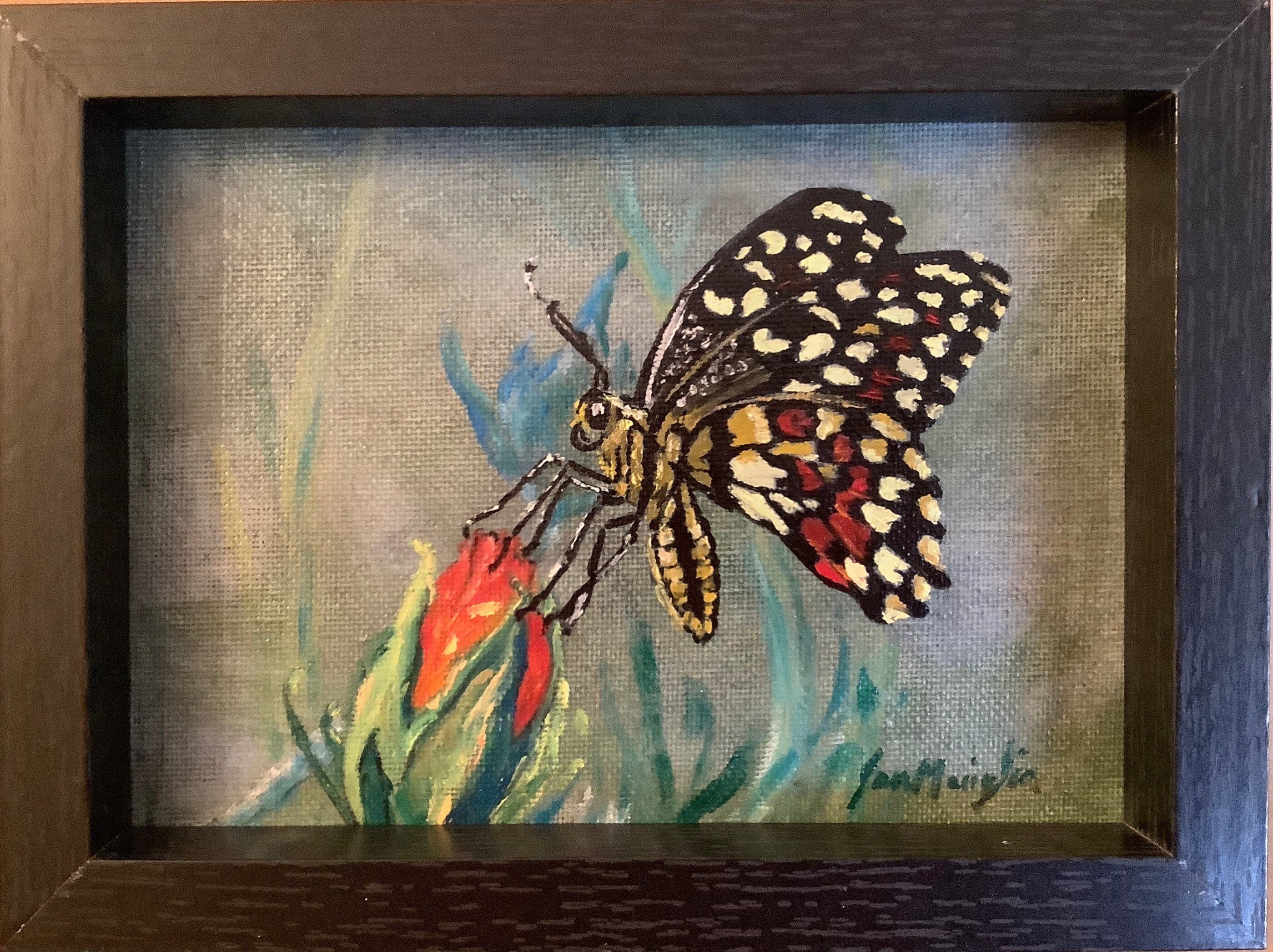 Small Original Oil Painting of Butterfly on Rose Bud Small Etsy Canada