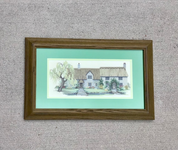 Large Framed and Matted Needlepoint Art of a Cottage Garden Home, Handcrafted Wall Art