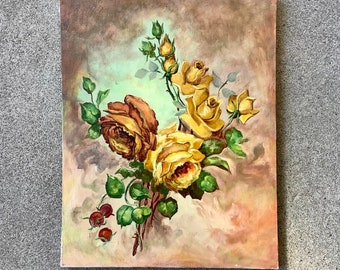 Vintage original oil painting of yellow roses,    Original rose oil painting, yellow roses ,   Yellow rose oil painting