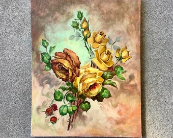 Originales Ölgemälde mit gelben Rosen, Original-Rosen-Ölgemälde, Kunst mit gelben Rosen, Vintage-Blumen-Ölgemälde