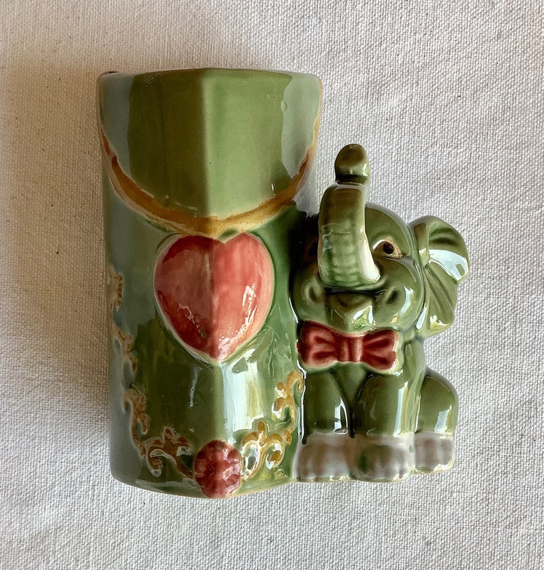 Vintage Majolica bamboo planter or vase handcrafted green elephant vase set image 3