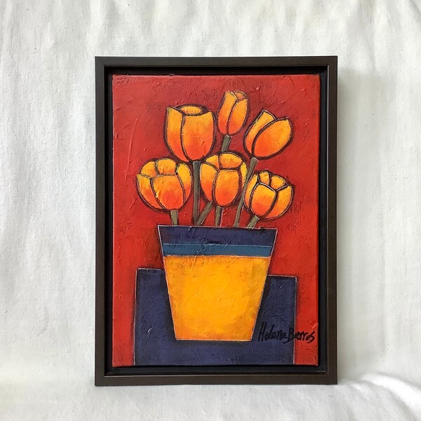 Artist Helena Barros original oil,   Original oil painting of tulips,   Floral painting by Helena Barros,    Framed oil painting of tulips