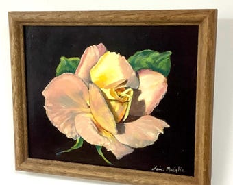 Gerahmtes Original-Ölgemälde, kleines originales Vintage-Kunstwerk: Ölgemälde einer rosa Rose