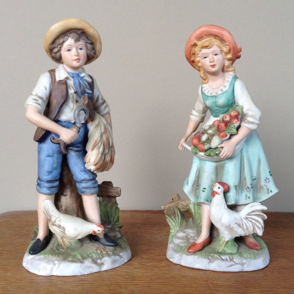 Vintage pair of figurines, country boy and girl figurines, ceramic boy and girl, children figures, table decor, country decor, retro decor,