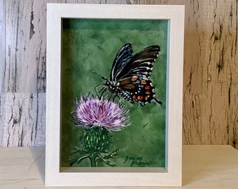 Small framed original butterfly painting, Original miniature butterfly painting, Signed painting of butterfly on a thistle