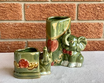 Vintage Majolica bamboo planter or vase handcrafted green elephant vase set