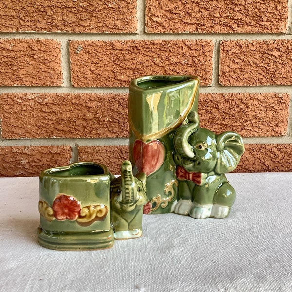 Vintage Majolica bamboo planter or vase handcrafted green elephant vase set