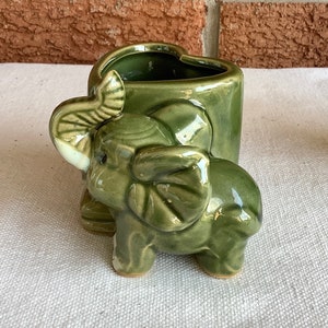 Vintage Majolica bamboo planter or vase handcrafted green elephant vase set image 8