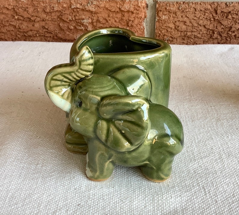 Jardinière ou vase vintage en bambou et faïence fait main, ensemble de vases éléphants verts image 8