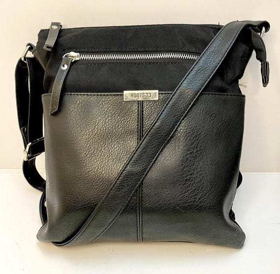 Roots73 Black Crossbody Bag Faux Leather Canvas Adjustable Strap