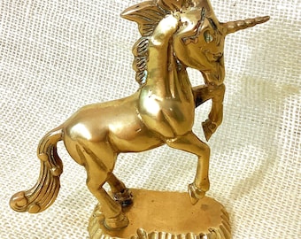 Solid Brass Unicorn 5” Figure, MCM Mythical Prancing Unicorn, Mid Century Brass