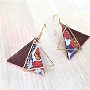 Customizable Liberty print and geometric leather earrings, graphic fabric jewelry with brown camel Liberty floral patterns.