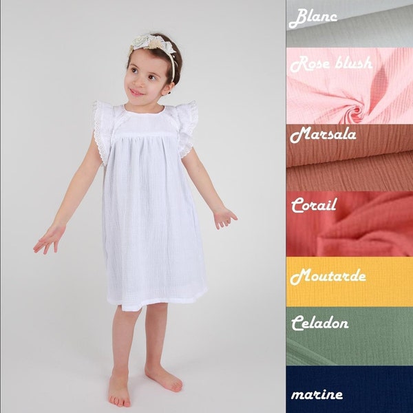 Robe de cérémonie petite fille gaze de coton blanche personnalisable, manches volants, robe été cortège, mariage, baptême 12 mois-10 ans.