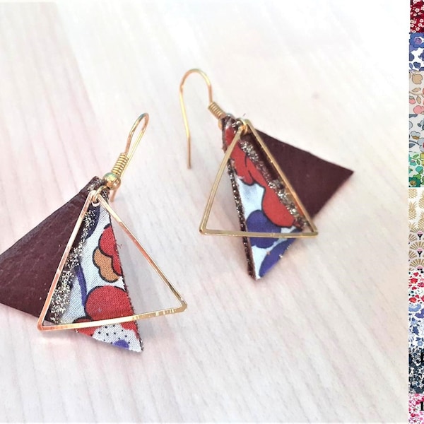 Boucles d'oreilles liberty et cuir triangle personnalisables,bijou graphique en tissu motifs floraux,boucles d'oreilles rétro liberty camel.