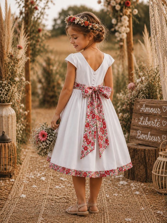 liberty bridesmaid dresses Customizable Dress, Cotton and Liberty, Large Bow, Procession Dress, Bohemian Little Girl Dress Jane Shirt Stripe Dress japanese bathrobe The long skirt is Size:1pc