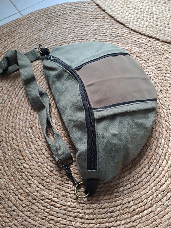 Men s Military Style Fabric Fanny Pack Khaki and Black Leather Unisex Shoulder Bag Large Format Men s Fanny Pack Father s Day Gift Etsy Canada