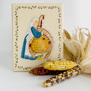 Pilgrim with turkey hand painted plaque