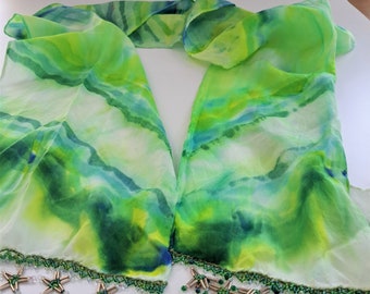 Green silk scarf w hand beaded star trim