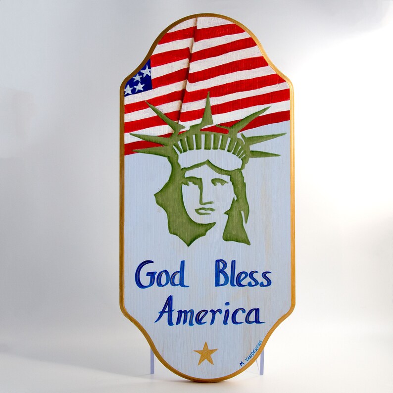 God Bless America Plaque Statue of Liberty Handpainted Wood Etsy