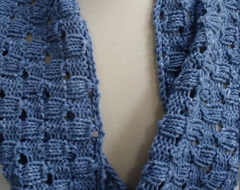 Luxurious hand knit cowl neck warmer circular scarf in blue silk