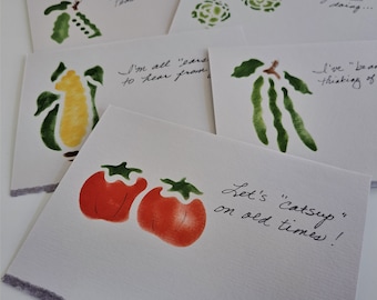 Set of 3 Vegetable themed blank inside card with envelope hand stenciled