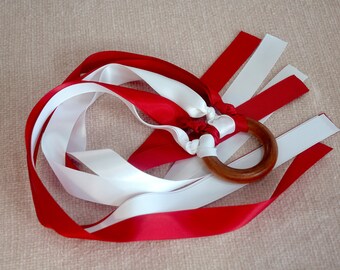 Ribbon Ring Toy, Rhythm Ring, Dancing Ribbons, Hand Kite, Ribbon Wand for babies, children, toddlers - Red and White