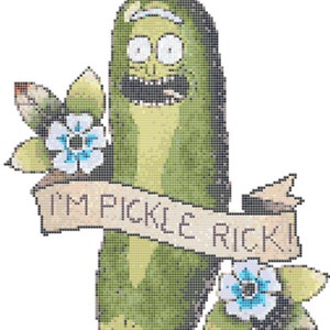 Könnte beinhalten: Eine grüne Gurke mit einem Gesicht und einem weißen Stirnband, mit einem Banner, auf dem "I'M PICKLE RICK!" steht, und Blumen auf beiden Seiten.