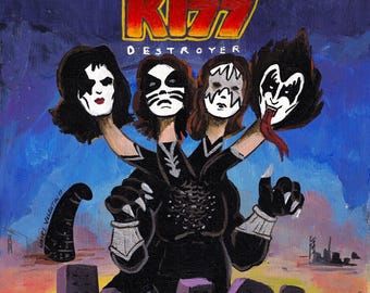 KISS Destroyer Original Painting on Wood | Acrylic Rock Band Fan Art | Hand Painted Wall Decor Gift