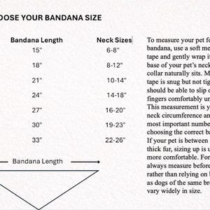 a guide on choosing the correct bandana size for a pet, with a table that provides the bandana length corresponding to the pet's neck size.