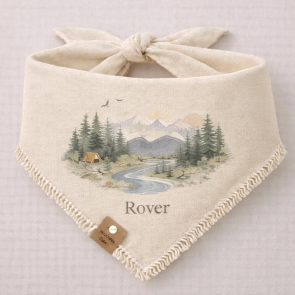 Personalized Wilderness Dog Bandana with Name | Neutral Mountain Pet Scarf | Outdoor Adventure Dog Bandana | Custom Name Dog Gift