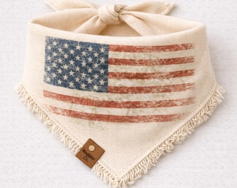 Dog Bandana, Neutral Patriotic Dog Scarf, 250 Anniversary - Memorial Day - July 4th Pet Outfit, Rustic USA Flag Puppy Bandana