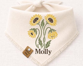 Personalized Sunflower Dog Bandana, Custom Name Pet Scarf, Vintage Botanical Floral, Retro Cottagecore Pet Accessory for Pet Dog Lovers