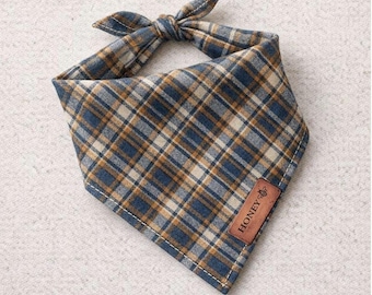 Custom Dog Bandana - Harborline Plaid with Leather Nameplate