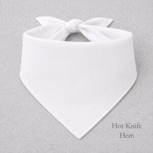 A white bandana tied in a bow, with the text "Hot Knife Hem" written below it.