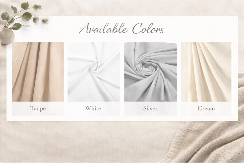 four fabric swatches, each with a different color: tan, white, silver, and cream. The text "Available Colors" is displayed above the swatches, indicating that these colors are available for purchase.