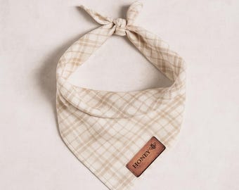 Personalized Dog Bandana with Name, Creamstone Plaid Design, Modern Neutral Style, Everyday Wear, Gift for Dog Lovers Birthday Gift