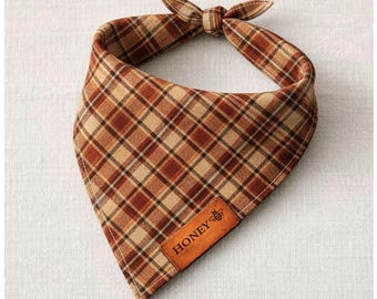 Personalized Dog Bandana with Name, Embercinnamon Plaid Design, Modern Neutral Style, Everyday Wear, Gift for Dog Lovers Birthday Gift