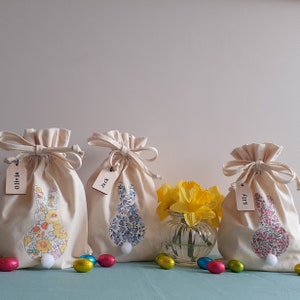 Easter Gift Bag - Egg Hunt Bag - Liberty Fabric Bunny - Personalised Wooden Name Tag