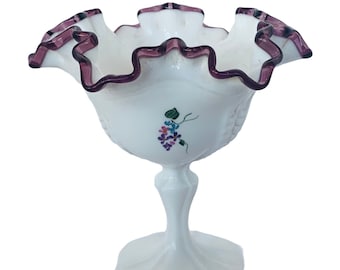 FENTON ART GLASS Signed vase wave crest flower floral burmese spanish vine signed figurine sculpture decor gift vintage mcm Milk White Plum