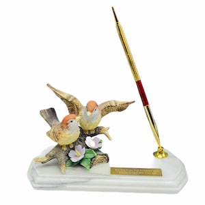 SPARROW PEN HOLDER pencil figurine statue sculpture gift vintage bird decor marble base porcelain gold flower floral