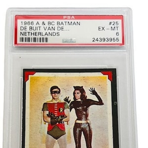 Batman Trading Card 1966 Topps VERSIÓN HOLANDA Tcg Publicaciones periódicas dc Comics PSA 6 liga de la justicia #25 Robin Catwoman Newmar