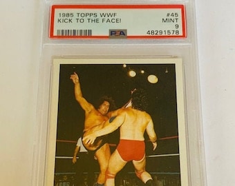 PRO WRESTLING CARD 1985 Topps Wwf Andre The Giant Kick to Face #45 Graded Psa Mint 9 wwe nwa awa superstars ringside action