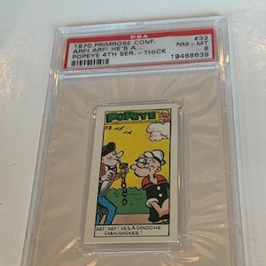 Popeye Sailor Man Trading Card Primrose Sweets Candy England 1961 vintage Olive Oyl Swee Pea Wimpy Brutus Oscar #33 graded PSA 8 chain smoke