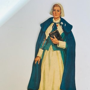Decoración de pared de la escuela de Acción de Gracias vtg Antiguo signo de la década de 1960 efímera Peregrino 15" Mujer BC2