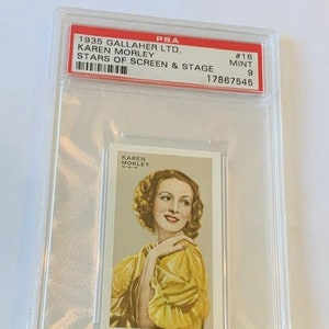 Gallaher LTD 1935 Cigarette Tobacco Trading Card Londres Virginia House com classificação PSA 9 Mint Stars Screen Stage Karen Morley # 16 Jantar às oito