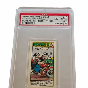 Popeye Sailor Man Trading Card Primrose Sweets Candy England 1970 vintage Olive Oyl Swee Pea Wimpy Brutus Oscar 16 graded PSA 8.5 motorcycle