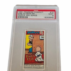 Popeye Sailor Man Trading Card Primrose Sweets Candy England 1970 vintage Olive Oyl Swee Pea Wimpy Brutus Oscar #12 graded PSA 9 razor