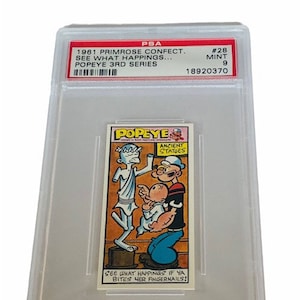 Popeye Sailor Man Trading Card Primrose Sweets Candy England 1961 vintage Olive Oyl Swee Pea Wimpy Brutus Oscar #28 graded PSA 9 statue