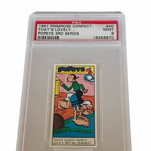 Popeye Sailor Man Trading Card Primrose Sweets Candy England 1970 vintage Olive Oyl Swee Pea Wimpy Brutus Oscar #40 graded PSA 9 camera
